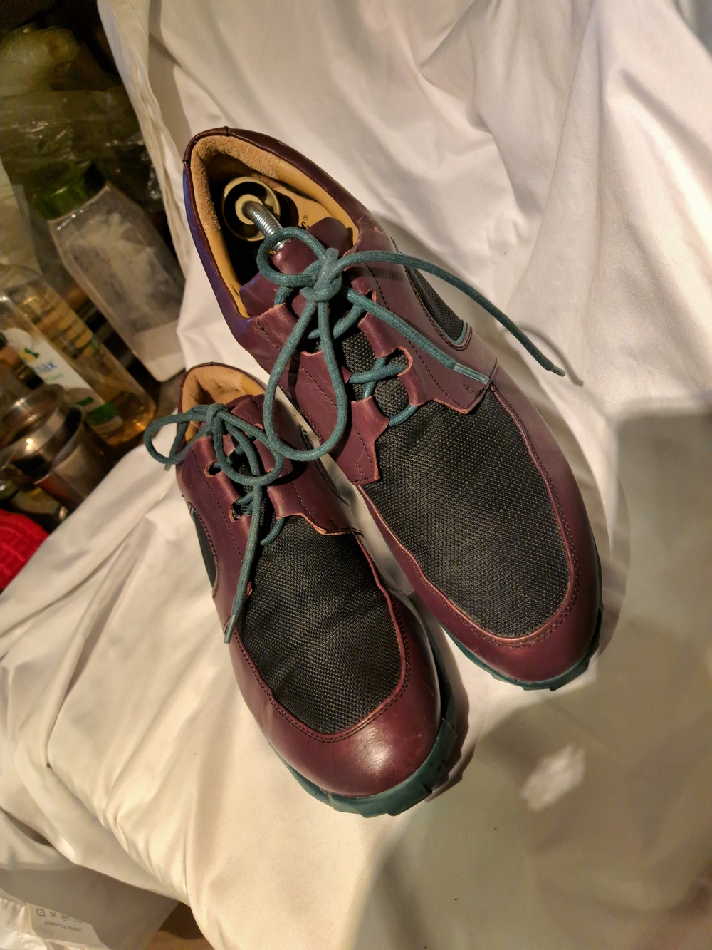Loewe Burgundy and Teal Leather-Trim Sneakers